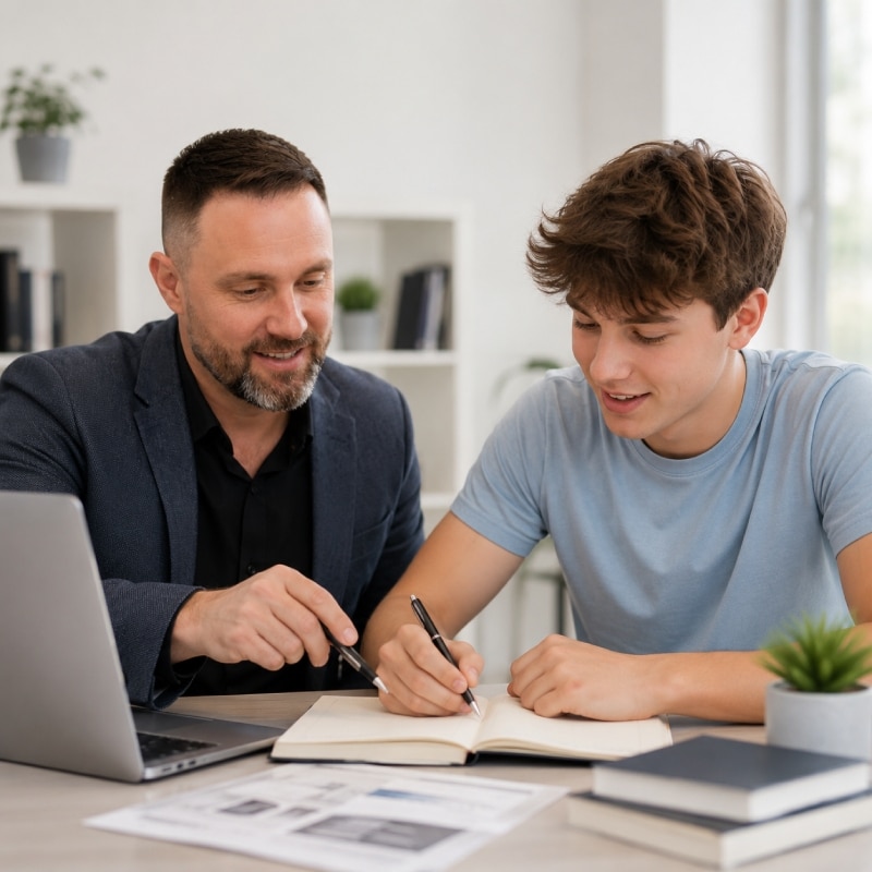 Teen student working with an experienced business mentor