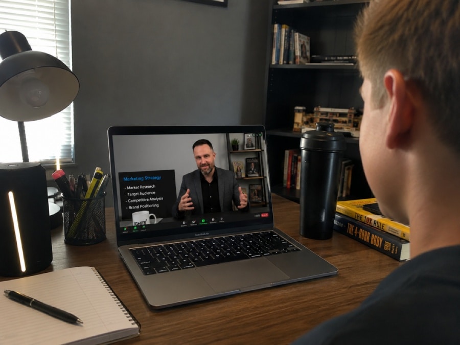Business mentor guiding a teen entrepreneur during a live class